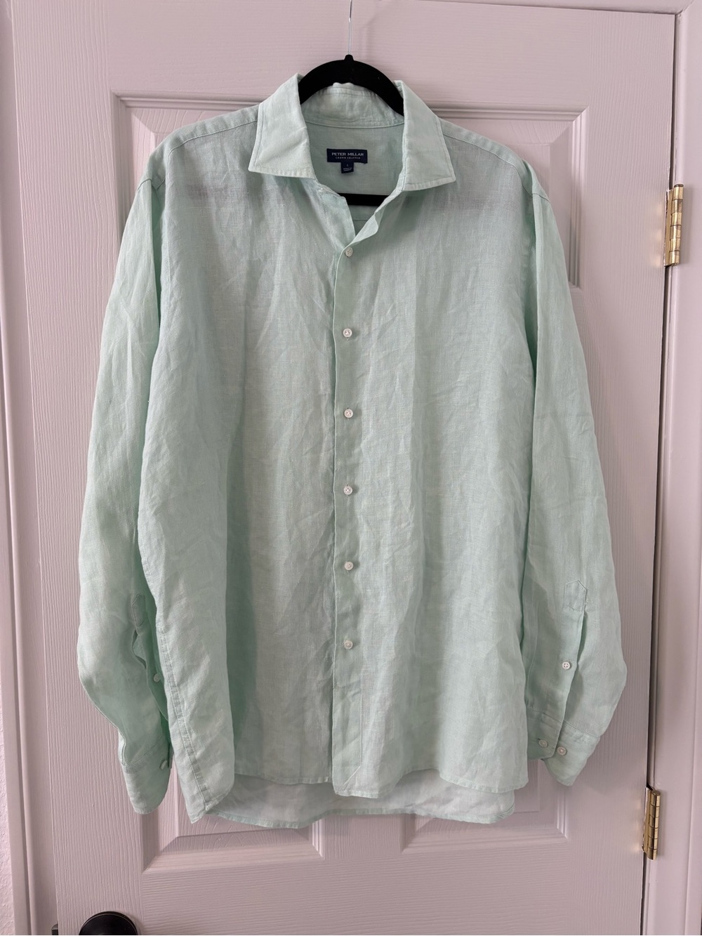 Peter Millar Crown Crafted 100% Linen Green Long Sleeve Button Up Shirt Size L